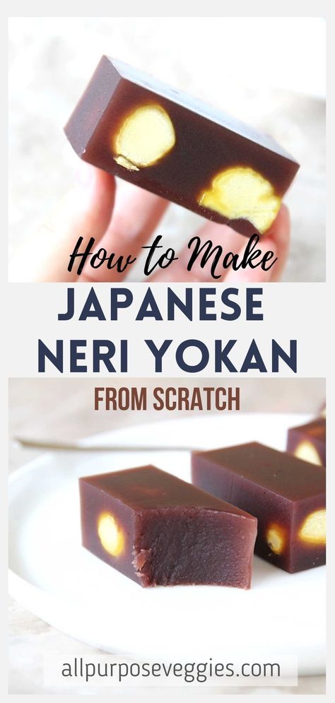 Gluten-free and vegan, these thick and fudgy neri yokan bars studded with chestnuts are easy-to-make Asian treats that are made with sweetened red bean paste and agar-agar powder. #japanesedessert #asiandessert #yokan Yokan Japanese Desserts, Yokan Recipe, White Bean Cookies, Shojin Ryori, Chinese Sweets, Temple Food, Agar Agar Powder, Asian Treats, Asian Dessert Recipes