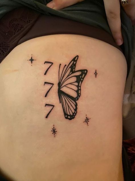 Cosmic Ink Inspiration for 2024 - Find Your Spiritual Match with 19 Unique Designs 777 Butterfly, 19 Angel Number, Angel Number Tattoos, Angel Number Tattoo Ideas, 777 Tattoo Meaning, Number Tattoo Ideas, Justice Tattoo, 777 Tattoo, Angel Number Tattoo