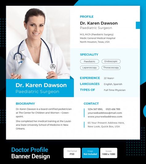 Doctor profile resume or cv design Premi... | Premium Psd #Freepik #psd #design #template #medical #doctor How To Make Cv, Doctor Profile, Curriculum Vitae Examples, Health Care Assistant, Profile Website, Pediatric Surgery, Doctor Names, Aesthetic Doctor, Medical Doctor