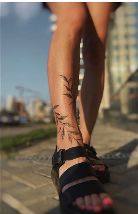 Vine Wrapped Around Leg Tattoo, Let Tattoos For Women, Earthy Tattoo Ideas, Tattoos For Women Elegant, Ash Core, Wrap Around Ankle Tattoos, Calf Tattoos For Women, Leg Tats, Cat Tattoo Ideas