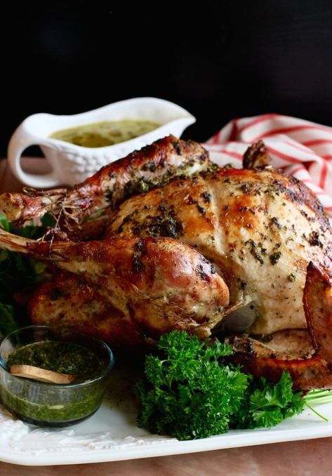 Chimichurri Butter Roasted Turkey | My Colombian Recipes Garlic Herb Roasted Turkey, Injectable Butter Marinade For Turkey, Injectable Butter Recipe, Butter Herb Turkey Injection, Garlic Turkey Thanksgiving, Inject A Turkey Recipes, Herb Butter For Turkey Thanksgiving, Garlic Butter Injection For Turkey, Butter Infused Turkey