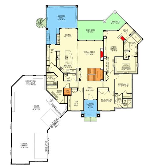 Main level floor plan of a 6-bedroom craftsman style single-story home with foyer, great room, kitchen, dining area, den, three bedrooms, a mudroom leading to the garage, and lots of outdoor spaces. Floor Plans With Secret Rooms, Large Craftsman House Plans, 6 Room House Plan Layout, Ada House Plans Wheelchairs, Large Kitchen House Plans, Master Suite Layout Floor Plans, Large Pantry Ideas, Open Floor Plan Kitchen Dining Living, Cool Home Features