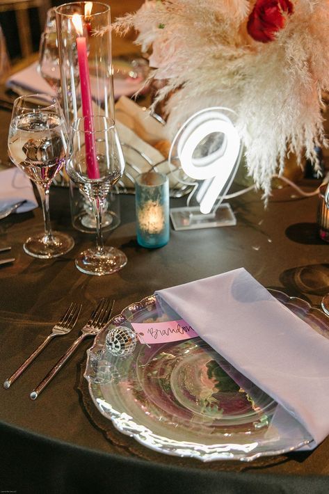 Neon Light Table Centerpiece, Neon Light Centerpieces, Disco Place Cards, Disco Table Numbers, Disco Ball Place Card, Disco Wedding Centerpieces, Disco Ball Centerpiece Ideas, Yacht Wedding Decor, Wedding Inspo Black