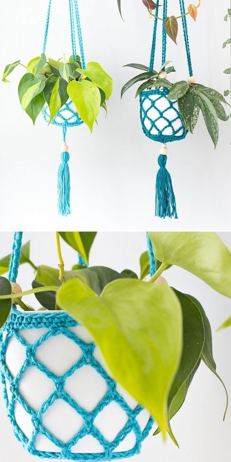 Simple Crochet Plant Hanger, Crochet Hanging Pot Holder, Cotton Yarn Crochet Patterns, Free Crochet Plant Hanger, Burr Basket, Crochet Tube, Aesthetic Plant, Crochet Plant Hanger, Gardening Planting