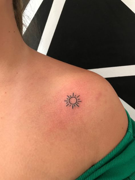 Sun And Star Tattoo Small, Mini Sunshine Tattoo, Ray Of Sunshine Tattoo Small, Sun Tattoo Placement For Women, Small Red Sun Tattoo, Double Sun Tattoo, Inner Elbow Sun Tattoo, Shoulder Tiny Tattoo, Tattoo Ideas Sunshine