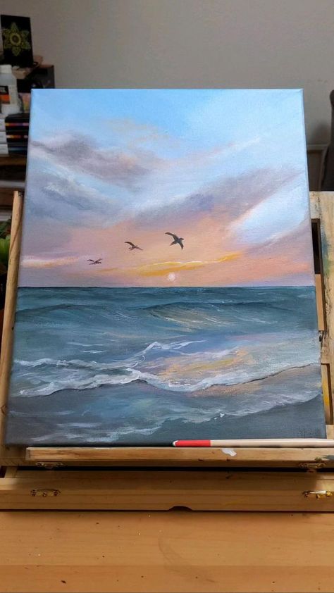 Sunset Ocean Painting, Beautiful Acrylic Painting, Ocean Art Painting, Sunset Over The Ocean, Beach Art Painting, Landscape Painting Tutorial, Acrylic Painting Ideas, Sunset Ocean, Canvas Painting Tutorials