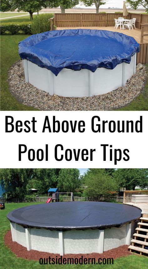 When the summer fun is over it comes time to think about closing up your pool for winter. If you do the job right and protect your investment then come spring everything will be ready for you to enjoy again. If you do not properly protect your swimming pool from the winter elements it could be damaged or destroyed. Homeowners have lots of questions about protecting pool covers and Outside Modern has the answers. Here are our best above ground pool cover tips. #poolcover #pool #outdoor Pool Closing Tips, Pool Cover Diy Above Ground, Close Above Ground Pool For Winter, Intex Pool Cover Ideas, Pool Closing Above Ground, Pool Landscaping Ideas Above Ground, Fun Pool Accessories, Pool Covering Ideas, Above Ground Pool Cover Hacks