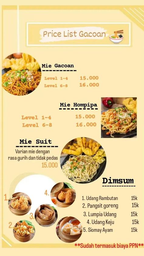 Price List gacoan dan berbagai menu Indonesian Cuisine, Bakery Desserts, Corn Dogs, Rice Bowls, Price List, Baby Food Recipes, Food And Drink, Cooking Recipes, Bts