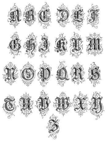 Old English Style Letters These Old English Style Letters are from Art Alphabets and Lettering by J.M. Bergling, copyright 1918. Fancy Monogram Decal, Old English Alphabet, Christmas Fonts Alphabet, Tattoo Font For Men, Tattoo Fonts Alphabet, Lettering Styles Alphabet, Old English Font, Typography Alphabet, Tattoo Lettering Fonts