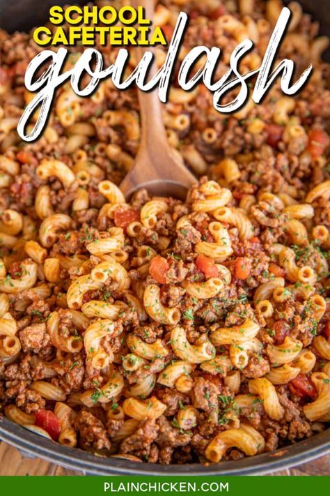 School Cafeteria Goulash - a classic dish from your childhood lunchroom. Tender pasta simmered in a rich ground beef and tomato-based sauce that is ready in under 30 minutes! Comfort food at its best! Ground beef, onion, tomato paste, diced tomatoes, beef broth, pepper, garlic, chili powder, cumin, paprika, macaroni noodles, and cheese. Great for a quick weeknight meal or a potluck. Everyone LOVES this pasta! School Cafeteria Food, Easy Goulash Recipes, School Lunch Recipes, Cafeteria Food, Goulash Recipes, Plain Chicken, School Cafeteria, Lunch Room, Quick Weeknight Meals