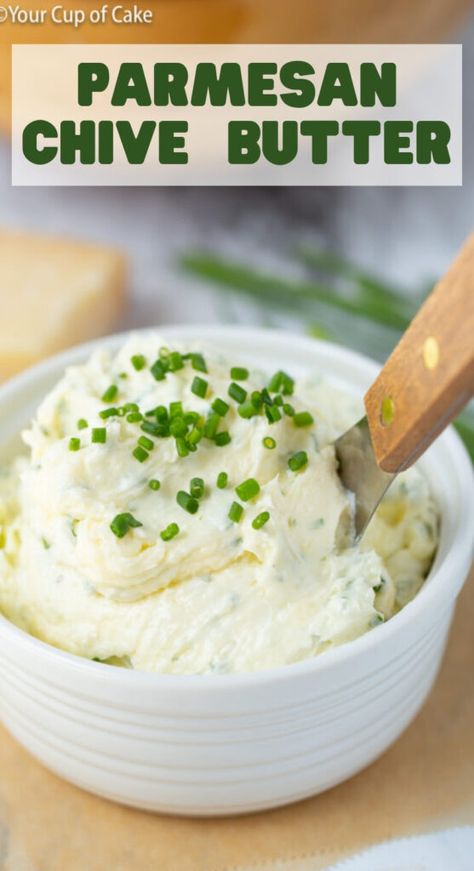 This stuff is SO GOOD! Parmesan Chive Butter, I put it on dinner rolls, baked potatoes, cooked veggies, EVERYTHING! Chive Butter, Roasted Garlic Butter, Cup Of Cake, Butter Recipes Homemade, Flavored Butter Recipes, Herb Butter Recipe, Compound Butter Recipe, Seasoned Butter, Homemade Dinner Rolls