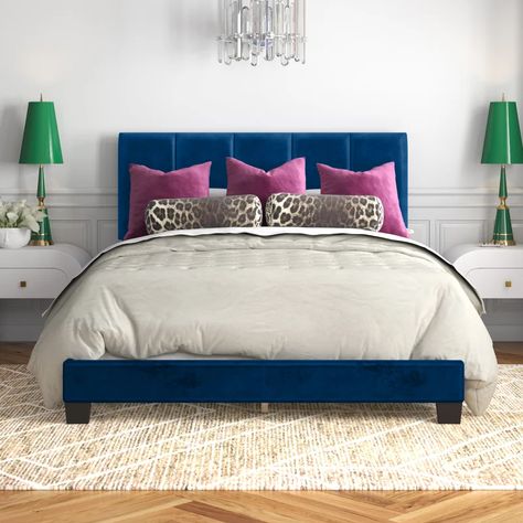 Etta Avenue™ Brynn Queen Upholstered Standard Bed & Reviews | Wayfair Affordable Living Room Ideas, Jewel Tone Bedroom, Affordable Living Room, Blue Headboard, Boho Style Bedroom, Glam Bedroom, Standard Bed, Bedroom Headboard, Blue Bedding