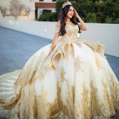 Gold Lace Applique Quinceanera Dress Ball Gown Beading Sequins Ruffles Sweet 16   | eBay Quiencera Dresses White And Gold, Sweet 16 Yellow Dresses, White And Gold 15 Dresses, White Floral Quinceanera Dresses, Quince White Dress, Victorian Quinceanera Dresses, Light Yellow Quince Dress, Quince Dresses Gold, White And Gold Quince Dress