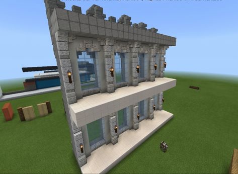 Interior. Made with smooth stone, white concrete; polished diorite: block, stair, and slab; dark oak fence and lamp Minecraft Diorite Builds, Minecraft Stone Fence, Oak Fence, Maine Craft, Mega Base, Minecraft Wall, Windows Design, Stone Fence, Minecraft Castle