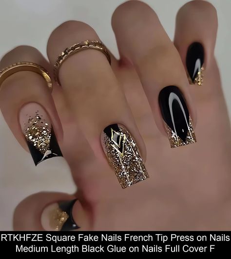 Ballerina Nails Black Design, Great Gatsby Nails Designs, Black Nails Medium Length, Nail Designs Black And Gold, Roaring 20s Nails, Black Graduation Nails, Nail Art Black And Gold, Black Nails With Gold Glitter, Gold Nails French