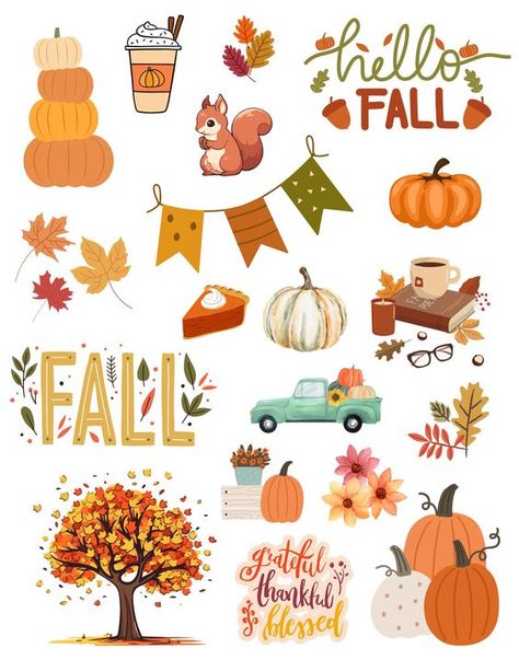 Fall Printable Stickers, January Digital Planner Stickers, Stickers For Scrapbook Free Printables, Fall Stickers Free Printable, Autumn Stickers Free Printable, Cute Scrapbook Stickers, Fall Sticker Ideas, Autumn Stickers Aesthetic, Pumpkin Printables Free