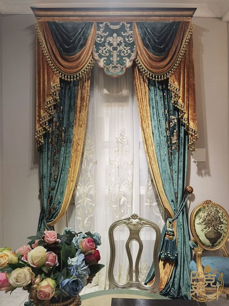 Elegant Kitchen Curtain Ideas, Baroque Style Interior, Jewel Tone Dining Room, Rococo Curtains, Mansion Decoration, Prince Bedroom, Minimalist Blinds, Victorian Window Treatments, French Country Window Treatments