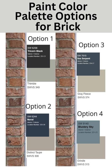 10 exterior paint colors for brick homes. Whether these colors are used on the exterior trim, front doors, shutters, or siding, they all compliment the colors and tones of red brick. #brick #paintcolors #exterior #painting Brown Brick House Shutter Colors, Shutter Colors On Red Brick House, Brown Brick Paint Colors, Home Exterior Colors With Red Brick, Red Brick House With Wood Shutters, Tumblr, Colored Shutters On Brick House, Homes With Red Brick Accent Exterior, Brown Roof Brick House