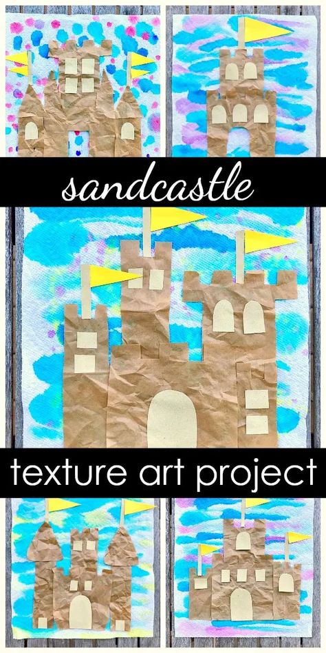 Texture Art Lessons For Grade 2, Summer School Crafts Art Projects, Art Crafts For Second Grade, Ocean Theme Activities Elementary, Beach Themed Art Projects For Kids, Art Project For Kindergarteners, Projects For Second Graders, Sandcastle Art Preschool, Texture Art Lessons Elementary