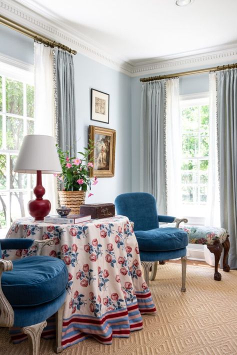 Skirted Table, Cottage Style Living Room, Mark Sikes, Blue Velvet Chairs, Mark D Sikes, Cottage Living Rooms, Table Skirt, French Chairs, Southern Home