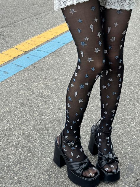 The price is for a pair of tights only, others are not included. Goth Skirts, Star Tights, Funky Tights, Cool Tights, Pattern Tights, Cute Tights, Patterned Tights, Size Difference, White Star