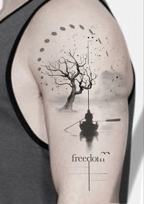 Man In Boat Tattoo, Freedom Tattoo Ideas Men, Mens Tatoos Ideas Arm, Symbol Of Freedom Tattoo Ideas, Boat Tattoo Men, Freedom Tattoo Men, Boat Tattoo Design, Freedom Tattoo Ideas, Tatto Clock