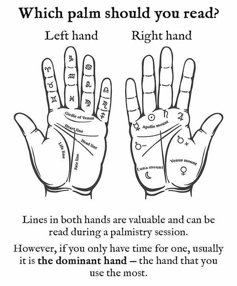 Which hand should be read: right or left? Lines in both hands are valuable and can be read during a palmistry session. However, if you only have time for one, usually it is the dominant hand. Some believe that because we use our dominant hand for more things, the lines will change over time and show our ever-evolving, current traits, while the non-dominant hand will show the traits we were born with. The concept that the right hand is read in men and the left hand is read in women is ancient Hand Lines Meaning, Palm Reading Lines, Palm Reading Charts, Affirmation Lockscreen, Palmistry Reading, Outstretched Hand, Feeling Faint, Reading Chart, Palmistry Hand