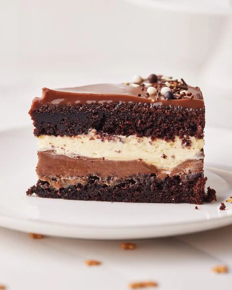 Tuxedo Cake | Bonni Bakery Cake Dark Chocolate, Triple Chocolate Mousse, Brownie Cake Recipe, Costco Cake, Triple Chocolate Mousse Cake, Tuxedo Cake, Chocolate Brownie Cake, Chocolate And Vanilla Cake, Mousse Cake Recipe