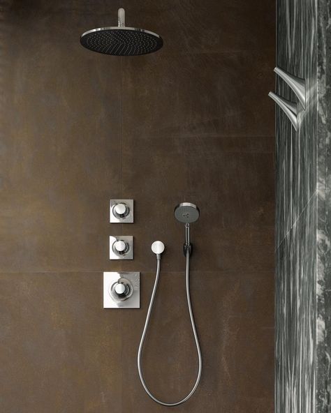 AXOR Massaud shower solution - raw and elegant.  #AXOR #AXORnordic #Massaud #design #interior #interiordesign #bathroom #bathroomdesign #bathroominspo #inspiremeinterior #interiorinspirasjon #inredning #sisustusinspiraatio Grohe Shower System, Hans Grohe, Grohe Shower, Axor Starck, Stainless Kitchen Faucet, Shower Controls, Bathroom Sink Drain, Faucet Repair, Shower Fixtures