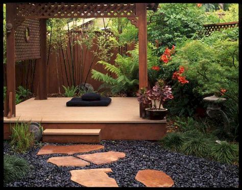 Adorable 75 Cozy Backyard Gazebo Design Ideas source : https://setyouroom.com/18/75-cozy-backyard-gazebo-design-ideas/ Backyard Yoga Space, Backyard Meditation Space, Outdoor Yoga Space, Japanese Sand Garden, Outdoor Meditation Space, Backyard Yoga, Yoga Garden, Outdoor Meditation, Zen Garden Design