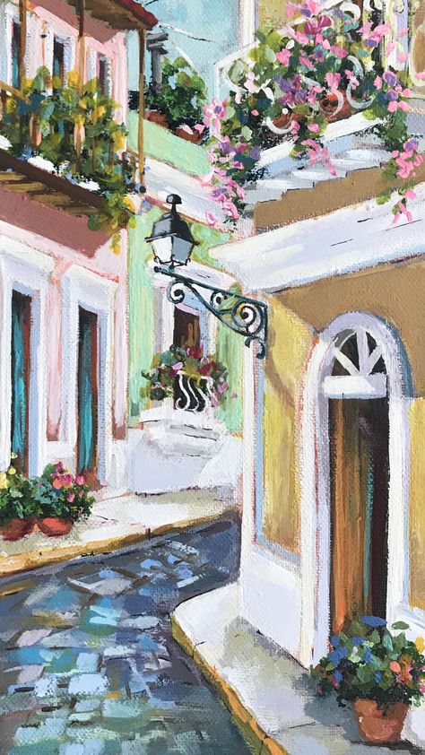 Puerto Rico Watercolor, Europe Painting Easy, Painting Ideas Architecture, Puerto Rico Painting Ideas, Puerto Rico Painting, Old San Juan Puerto Rico, Vintage Art Paintings, China Ink, Urban Painting