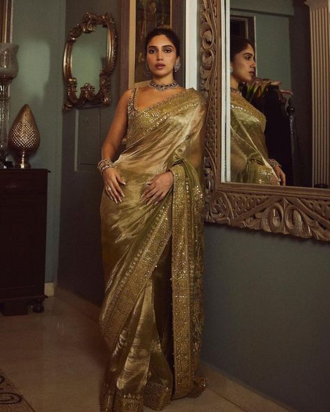 Bhumi Pednekar, Golden Saree, Diwali Outfits, Indian Sari Dress, Tissue Saree, Indian Dresses Traditional, Green Saree, Elegant Saree, Indian Wedding Outfits