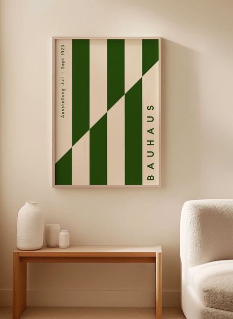 This green stripes Bauhaus print is a perfect blend of modern and bold design. With its striking bauhaus style and eye-catching design, this product will add a touch of mid century modern to any space. Expertly crafted, this piece will bring a unique and contemporary look to your home. Contemporary Art Wall, Bauhaus Wall Art, Poster Frame Ideas, Home Poster Design, Bauhaus Poster Design, Bauhaus Posters, Bauhaus Pattern, Mid Century Artwork, Interior Poster