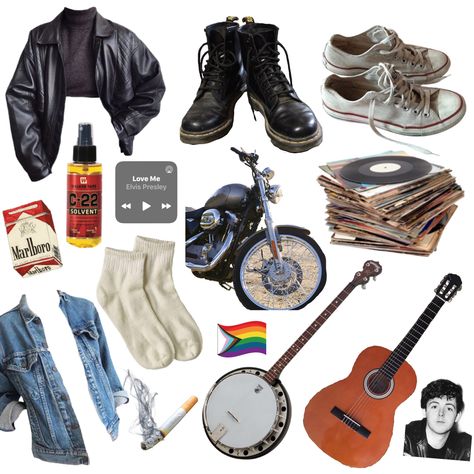 Its the style of a (modern) greaser, not much else to say. 60s Fashion Greaser, Greaser Guys Outfit, Greaser Aesthetic Men, Greaser Boy Outfit, Greaser Inspired Outfits, Greaser Aesthetic Outfit, Greaser Makeup, Greasers Aesthetic, Greasers Outfit Girl