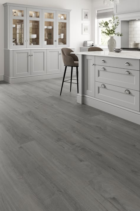 Grey Wooden Flooring Kitchen, Vinyl Grey Flooring, Kitchens With Laminate Flooring, Laminate Wood Flooring Gray, Light Grey Flooring Kitchen, Grey Wood Vinyl Flooring, Greynite Flooring Design, Grey Vynal Flooring, Grey Wood Kitchen Floor