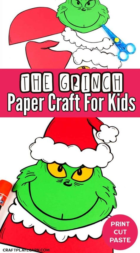 The Grinch free printable paper craft for kids. Dr Suess Day, Dr. Seuss Crafts, Grinch Craft, Dr Seuss Art, Prek Crafts, Grinch Crafts, Christmas Art For Kids, Elf Crafts, Paper Craft For Kids