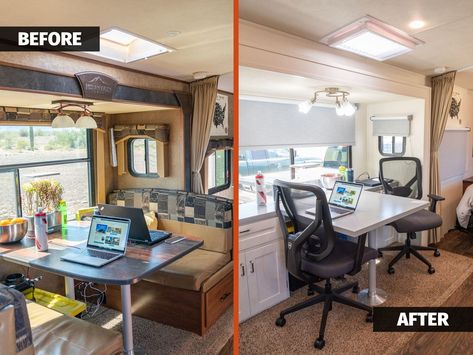 RV Remodel with Ergonomic Workspace: Before & After | Adventurous Way Camper Workspace, Camper To Office, Rv Home Office, Camper Office Remodel, Camper Office Space, Rv Workspace, Travel Trailer Office, Rv With Office Space, Kaitlin Core