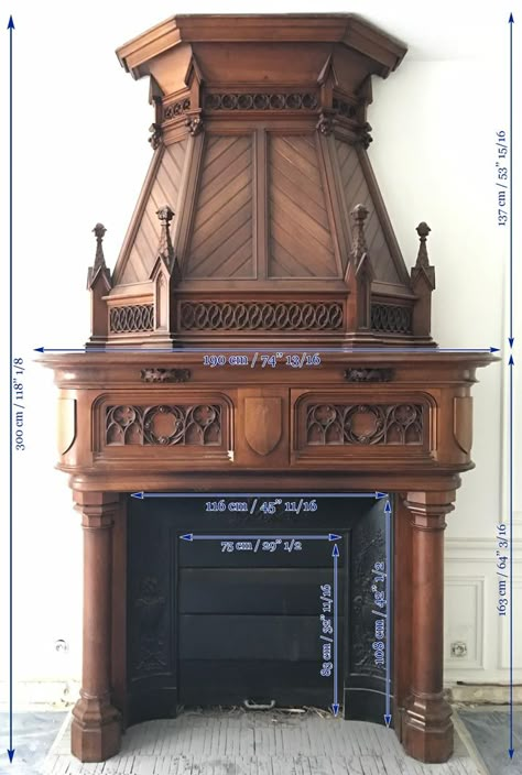 Large antique Neo-Gothic style fireplace with hood in carved calnut, 19th century Church House Conversion, Gothic Style Bedroom, Gothic Fireplace, Gothic Style Architecture, Library Fireplace, Vintage Shabby Chic Decor, Style Fireplace, Wooden Fireplace, Medieval Furniture