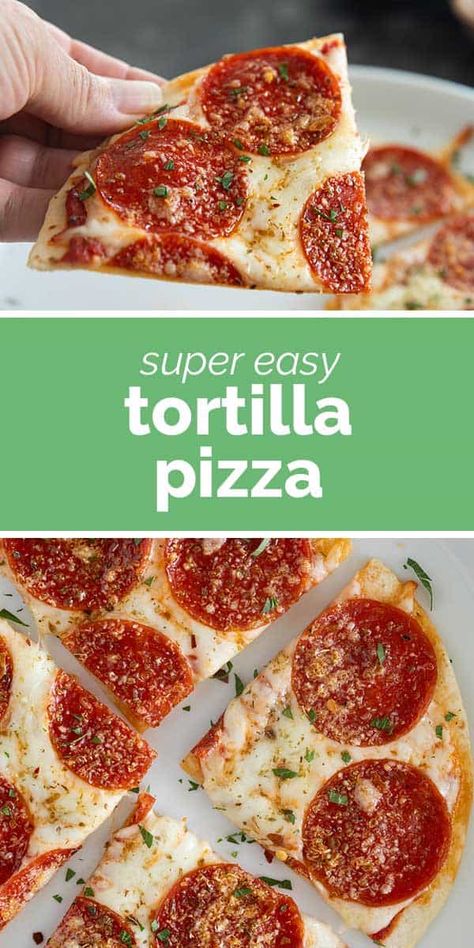 Craving pizza but don’t have a lot of time? This Tortilla Pizza is done in less than 15 minutes, and is the perfect lunch or quick dinner idea! Tortilla Pizza In Oven, Pizza Using Tortilla Wraps, Crispy Tortilla Pizza, Pizza Made With Tortilla, Tortilla Pizza Oven, Pizza On Tortilla, Tortilla Pizza Recipes, Chicken Tortilla Pizza, Low Carb Tortilla Pizza