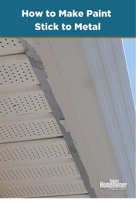 Paint peeling from a metal soffit Painting Soffits Exterior, How To Paint Steel Siding, Paint Soffit Exterior, Painting Soffit And Fascia, Painting Steel Siding, How To Paint Aluminum Siding, Paint Metal Siding, Painting Metal Siding, Painting Aluminum Siding