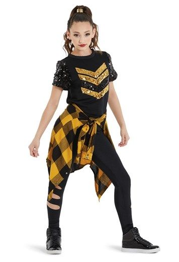 Sequin Tee Plaid Shirt And Leggings | Weissman® Hip Hop Dance Poses, Weissman Dance Costumes, Hip Hop Dance Outfits, Ropa Hip Hop, Leotard Costume, Dance Costumes Dresses, Dance Costumes Hip Hop, Hip Hop Costumes, Tap Costumes