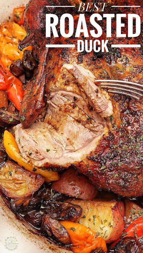 Roasted Duck in Wine with Potatoes, Peppers, and Mushrooms! Amazingly Delicious and Beautifully served dish for any special occasion! #duck #duckrecipes #roastduck #roastedduck #easyrecipes #easymeals #craftycookingbyanna Italian Duck Recipes, Cajun Duck Recipes, Roast Duck Leg Recipes, Easy Roast Duck Recipes, Southern Duck Recipes, Whole Duck Recipes Dutch Oven, Full Duck Recipe, Peaking Duck Recipes, Duck Thanksgiving Recipe