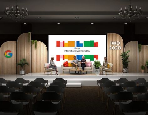 Conference Stage Backdrop Design, Stage Ideas Design Event, Google Stage Design, Talk Show Stage Design, Conference Set Up, Stage Backdrop Ideas Events, Event Stage Design Ideas Creative, Stage Design Conference, Conference Set Design