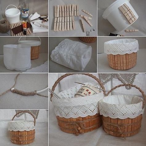 This shows you how to transform a normal plastic bucket into a beautiful storage basket. Simple Easter Baskets, Toples Kaca, Plastic Buckets, Dollar Store Organizing, Clothes Pin Crafts, Diy Basket, Plastic Containers, Clothespins, Dollar Tree Diy