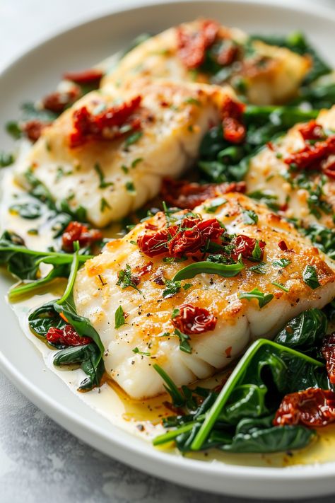 Creamy Keto Tuscan Cod with Spinach and Sun-Dried Tomatoes - I Eat Keto Creamy Cod Recipes, Keto Recipes With Sundried Tomatoes, Easy Cod Dinner Recipes, Fish Vegetables Recipes, Easy Diet Dinner Recipes, Cod Tomatoes White Wine, Mediterranean Diet Recipes Dinners Seafood, Keto Pescetarian Recipes, Cod With Spinach And Tomatoes