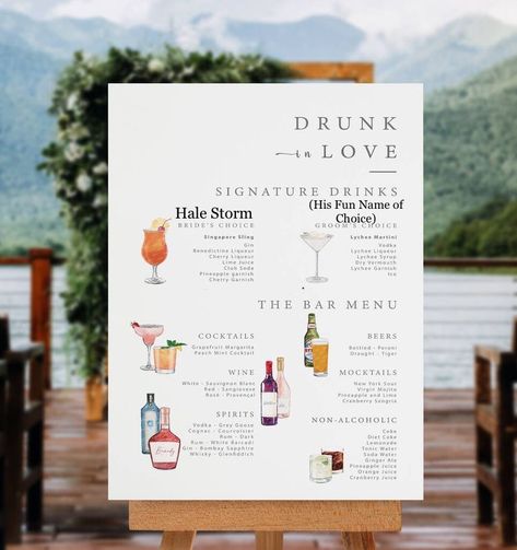 Cocktails Menu For Wedding, His Hers Theirs Cocktail Sign, Cocktail Stand Wedding, Custom Bar Menu Wedding, His And Hers Specialty Cocktails, Cute Wedding Cocktails, Wedding Drink Menu Sign Bar Ideas, Party Drink Menu Bar Signs, Bar Drinks Wedding