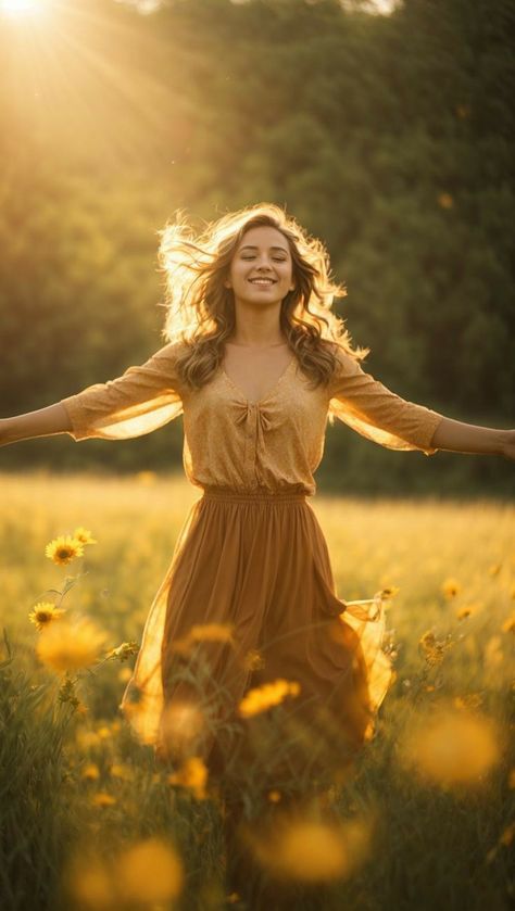 Candid Poses Women, Photo Poses Instagram Dress, Woman In Flower Field, Fairytale Photoshoot, Morning Sunlight, Flower Photoshoot, Outdoor Photoshoot, Fields Photography, Autumn Beauty