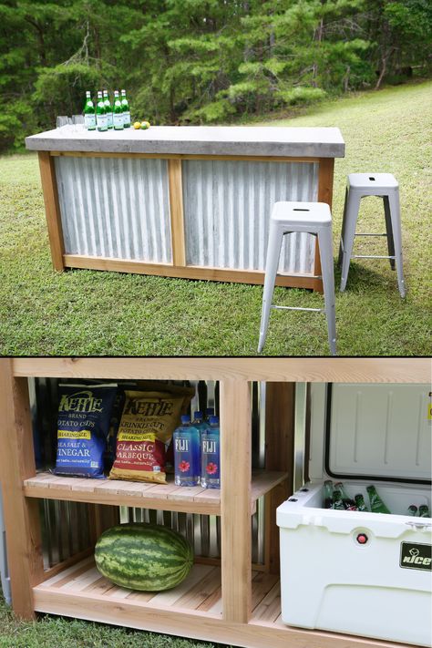 Make this outdoor bar! Watch the build video and see how Woodshop Mike built this bar, then grab the plans and get started. It's perfect for all your outdoor entertaining this year! #outdoorbar #entertaining #outdoorentertaining #bar #outdoorparty #outdoor #hosting #outdoorhosting #getoutside #diy #buildityourself #concretecountertop #concrete #builttolast Outdoor Bar Cabinet Ideas, Outdoor Counter Bar, Diy Bar Ideas, Diy Bar Plans, Backyard Bar Shed, Pull Down Bar, Outdoor Hosting, Drop Down Bar, Bar Shed