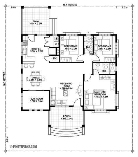 Three Bedroom Bungalow House Design | Pinoy ePlans Service Area Floor Plan, 3 Bedroom Bungalow House Plans, Home Plans Modern, Bungalow Homes Plans, Porch Dimensions, 3 Bedroom Bungalow Floor Plans Philippines, Floor Plan Bungalow, Porch Floor Plan, Banglow Plan