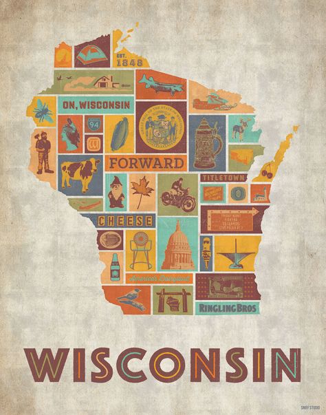 Forward. Celebrating the history and culture of Wisconsin. Prints available for purchase here: https://www.etsy.com/shop/SniffStudio Night America, Wisconsin State Fair, Wisconsin Pride, Wisconsin State, Typography Prints, Favorite Pins, Map Poster, Map Print, Star Print